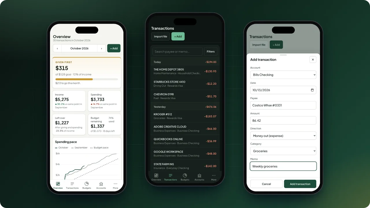 Three phones running Firstfruits Budget: the overview in light mode, the transaction list grouped by day in dark mode, and the add transaction form opened as a bottom sheet.